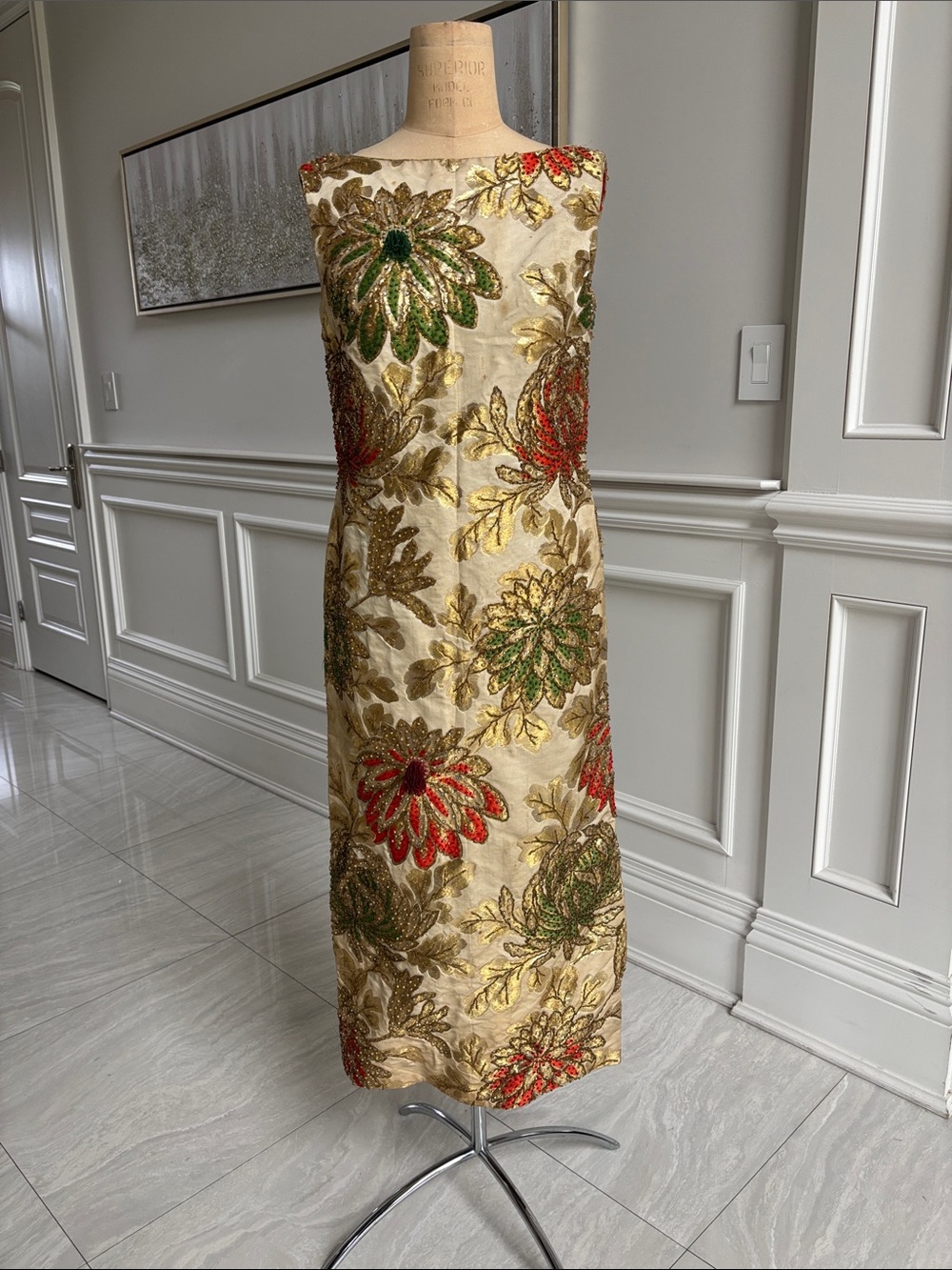 Vintage Gold Floral Embroidered Sleeveless Dress with beaded embellishment